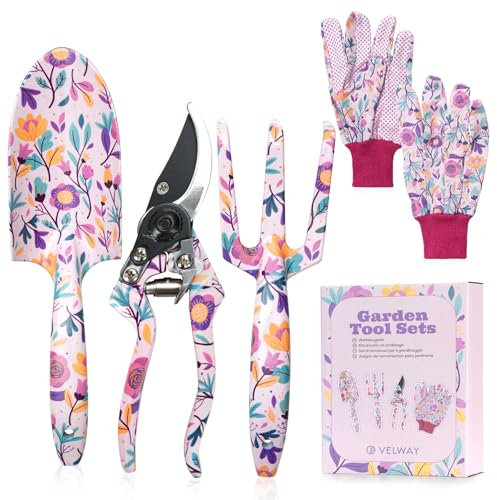Velway Lot de 5 outils de jardinage pour femme et maman avec boîte cadeau et gants Motif floral en métal Idéal pour la fête des mères, Noël, un anniversaire