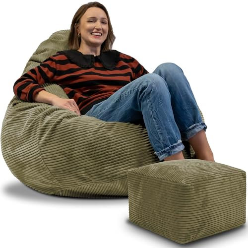 DreamRoots Sitzsack Erwachsene Cord oder Kinder - Bean Bag Sofa - Sitzsack Cord mit Hocker und Bezug - Sitzsäcke mit Füllung 90x90x100 cm Dark Olive