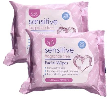 Spa Sensitive Fragrance Free Facial Wipes, 25 Wipes, Pack of 2, For Normal/Dry Skin