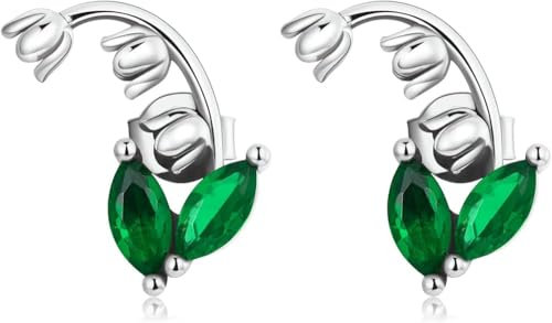Sterling-Silber-Schmuck, 925er Sterling-Silber-Maiglöckchen-Ohrringe mit eingelegtem grünem Stein, Ohrstecker für Damen