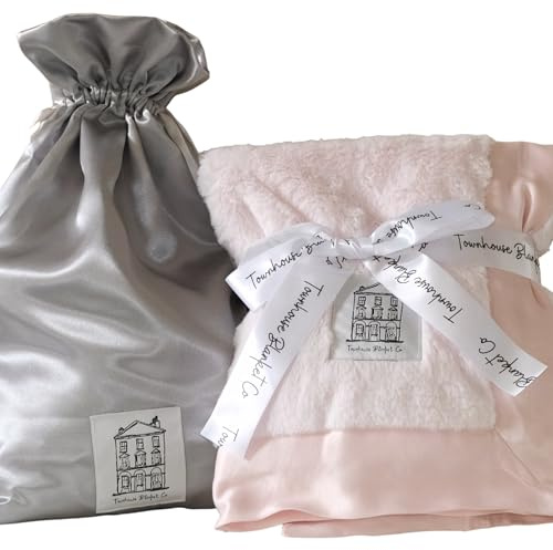 Townhouse Blanket Co - Luxury Soft Blanket with Satin Trim in Satin Gift Bag - Pram Blanket - Newborn Baby Essentials & Baby Gifts - 74cm x 89cm (29x35) (Pink)