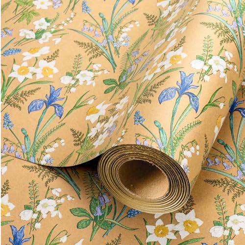 Wikadlik Geschenkpapier mit Blumenmuster, 43 cm x 10 m, weiß-blau, Aquarellblüte, Geschenkpapier für Geburtstag, Babyparty, Muttertag, Hochzeit, Valentinstag