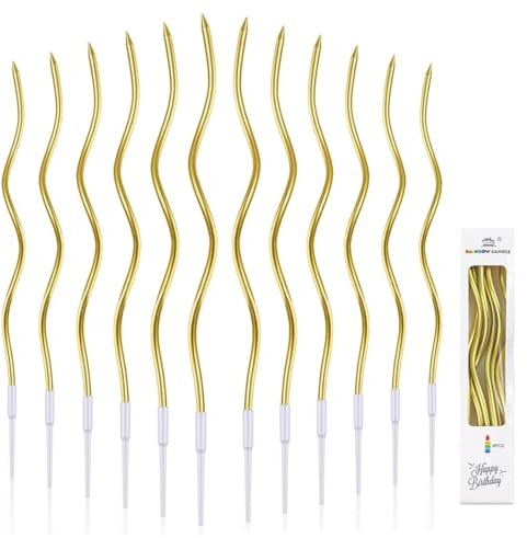 JJiaoLinin Twisty Birthday Candles,36 Pieces Spiral Gold Birthday Candles for Cakes Long Spiral Cake Candles Wavy Party Candles with Candle Holders for Birthday Cakes and Anniversary Decorations