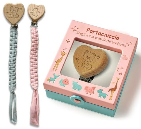 Catenella Portaciuccio Neonato con Clip in Legno con Animaletti – Porta Ciuccio in Tessuto Universale e Sicura per Bambini da 0-3 Anni – con Storiella in Omaggio Inclusa – Adatta a Maschio e Femmina
