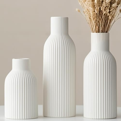 Moderne Keramikvasen-Set, 3-teilig, Gerippt, Pastellfarben, Dekorative Vasen für Wohnzimmer (weiß)