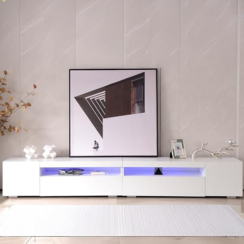 Jaxenor 240cm TV Schrank Weiss, Helles Panel Lowboard Wohnzimmer mit Variable LED-Beleuchtung, Modern TV Board, Fernsehschrank, Wohnzimmer Möbel, Glänzendes Panel, Nicht Hochglänzend, Weiß