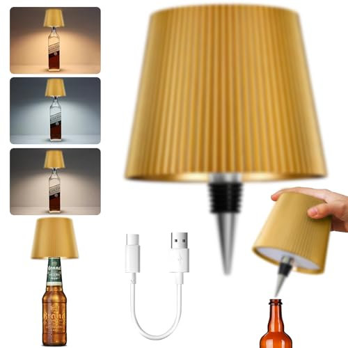 PQETBV Lampada da Tappo per Bottiglia, IP45 Impermeabili Lampada a Bottiglia LED, 3600mAh Batteria Lampada da Tavolo Portatile Ricaricabile per Ristoranti Interni ed Esterni(Oro)