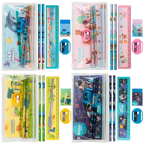 Gxhong 8 Kinder Schreibwaren-Sets - Mit Bleistifte HB, Lineal, Spitzer und Radiergummi - 4 Motive (Dino, Weltraum, Tiere, Meer) - Kinder Geburtstag Mitgebsel - Schulsachen für Jungen und Mädchen