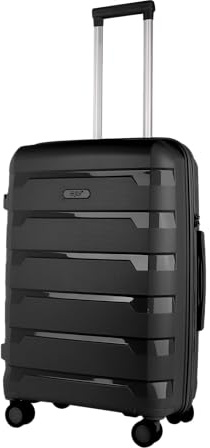 JLY 24inch Medium Suitcase, Lightweight PP Hard Shell, Coal Black | Checked Luggage with Combination Lock, USB Port, 360° Double Spinner Wheels for Holidays and Medium-Length Trips