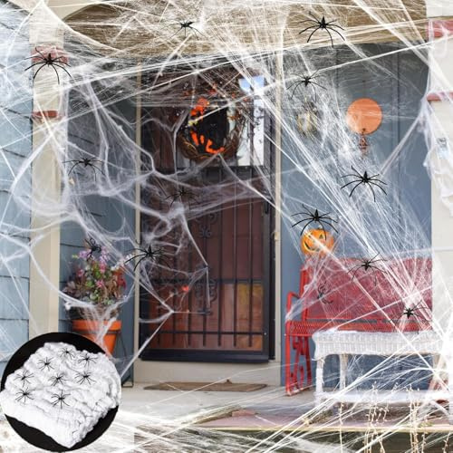TaiXinYuly Halloween Deko Spinnennetz ，300g dehnbares Spinnennetz mit 50 schwarzen Spinnen - gruseliges weißes Spinnengewebe als Dekoration für Halloween, Fasching, Horror- oder Mottopartys