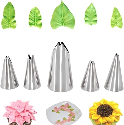 Set di 5 beccucci per tubazioni a foglia argentata, beccucci per glassa, in acciaio inox, beccucci russi per decorare torte, accessori da forno fai da te, strumenti per la decorazione di torte e