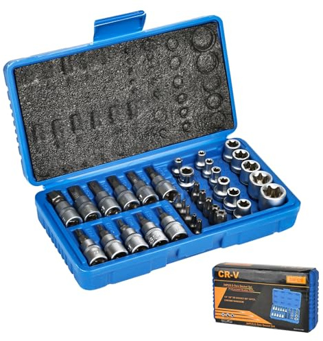 Junrvivy - Set di 34 chiavi a bussola professionali per interni ed esterni, set di chiavi Torx + punte a brugola, attacco E4-E20, set Torx T10-T60, bussole in acciaio CrV per auto, moto e industria