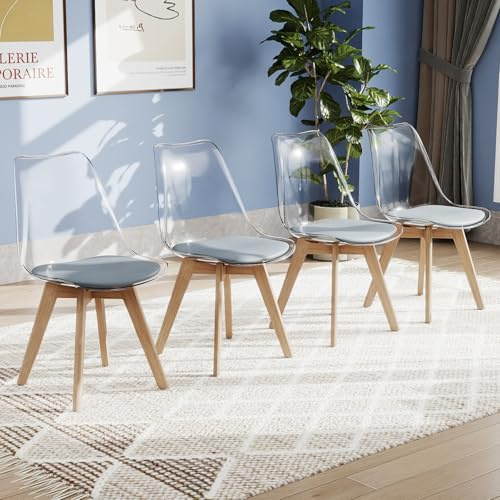 COSTWAY Lot de 4 Chaises de Salle à Manger Scandinave, Chaise Cuisine Transparente, Pieds Inclinés en Bois de Hêtre, Siège Rembourré en Simili Cuir, pour Cuisine, Salon (Gris Transparent)