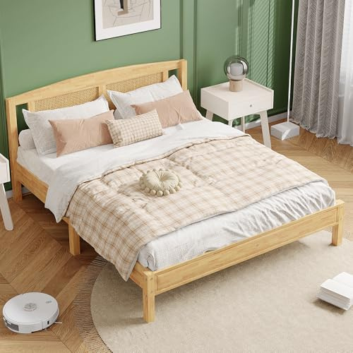 Merax Lit Double 160x200 cm en rotin Naturel, lit Adulte et lit Adolescent, sommier à Lattes 15 pièces avec Pieds centraux, Cadre Bois de pin + rotin PE, Design élégant et Naturel (sans Matelas)