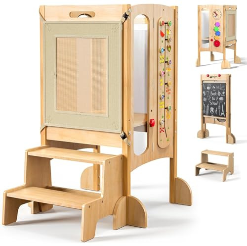SOFTHOM Lernturm Klappbar, 2 Fach Höhenverstellbar-Montessori Lernturm ab 1 Jahr aus Birke, Vormontiert/Platzsparend, Tafel, Sicherheitsnetz, Kippschutz, Küchenhelfer für Kinder, Tritthocker aus Holz