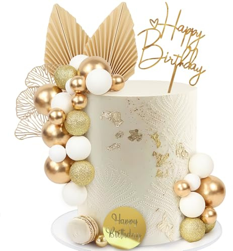 LARDUX 28 Stück boho goldene kugeln tortendeko - Geburtstag Torten Deko DIY Palmenblätter Boho Mini Ballon Cupcake Topper Tortendeko Kugeln für Mädchen Frauen Geburtstag Party Dekor (Beige)