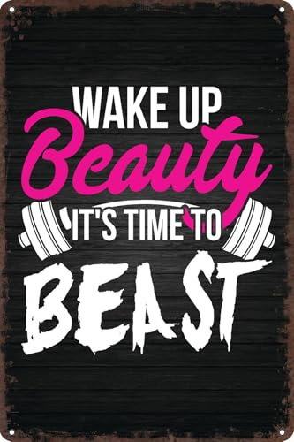 Funny Gym Decor Vintage Metal Signs Wake Up Beauty Beast Retro Tin Sign for Workout Room Decor Home Gym Decor Motivational Wall Art 12x8 Inch