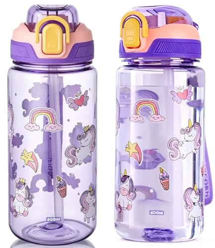 FCXVXCL Water Bottles with Straw, Cute Water Bottle, 600ml Drinks Bottle for School, with Straw Portable Spill Proof Travel Mug, for Girls Boys Waters, Coffee, Milk, Drink - Purple