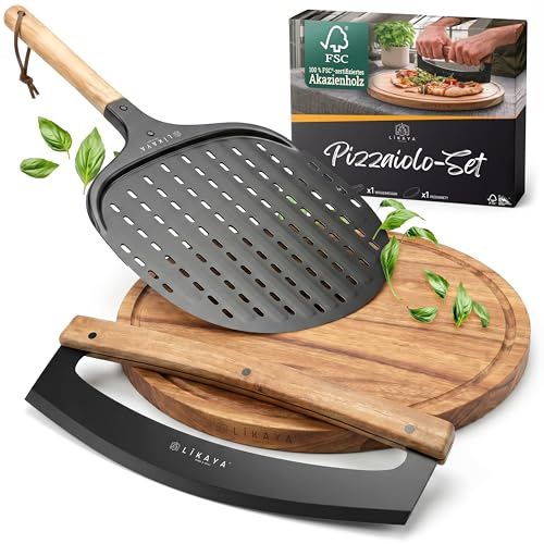 LIKAYA Juego de accesorios para pizza, juego profesional con pala para pizza de 32 x 62 cm, tabla para pizza de 35 cm y cuchillo de pesaje para pizza de 36 cm, pala para pizza, cuchillo para pizza y