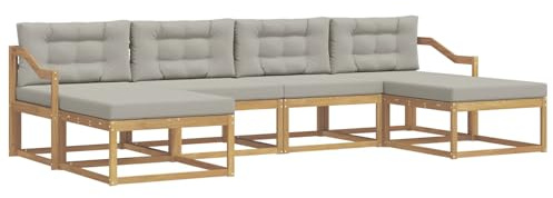 vidaXL Outdoor-Sofagarnitur mit Kissen 6 pcs Weiß und Hellgrau, Moderne Akazien-Gartenmöbel, wetterfester Sofa-Set, stylische Sitzgelegenheit für Terrasse und Pool