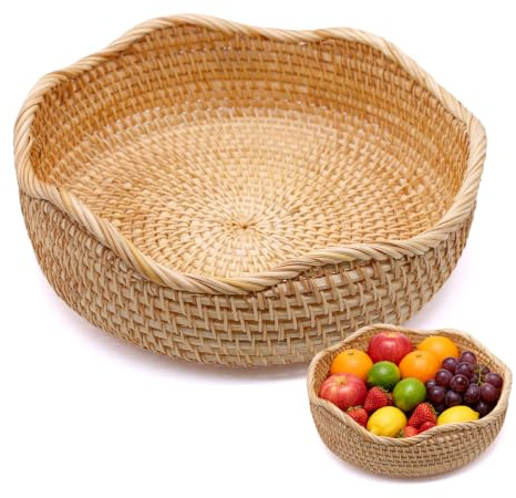 CFKJHAN Rattan Aufbewahrungskorb Rund, Geflochten Obstkorb und Brotkorb | Natürlicher Handgeflochtenes Dekoratives Tablett, Dekorativer Gewebter Korb für Küche, Wohnzimmer (Welle, 25×25×8 cm)