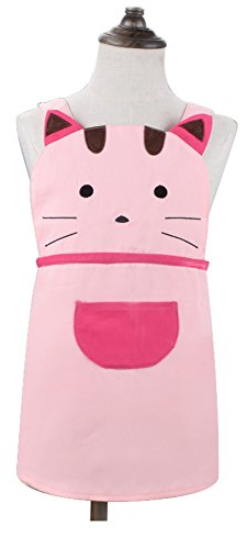 Love Potato Niedliche Schürze für Mädchen und Kleinkinder, Cartoon-Katze, bestickt, Baumwolle, Kinderschürze für Kinder von 2–4 Jahren (Rosa), rose, 20W x 18L