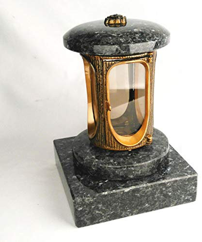 designgrab Grablampe mit Granit Sockel 20x20x5 cm, aus messingfarbenem Aluminium in Antikoptik und Granit Labrador Blue Pearl