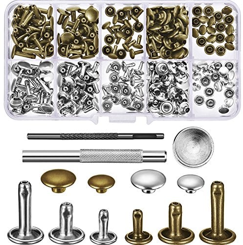 120 Set Leather Rivets Double Cap Rivet Buttons with Setting Tool Kit and Storage Box for DIY Leather Craft, 3 Sizes (Silver and Bronze)