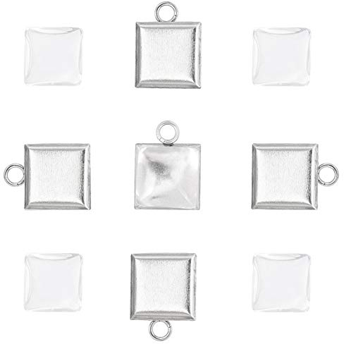 UNICRAFTALE 50 Sets 10mm Cabochon Anhänger Edelstahl Quadratische Lünetten Anhänger Cabochon Rohlinge Anhänger DIY Cabochon Anhänger Set Mit Glas Cabochons Für Schmuckherstellung