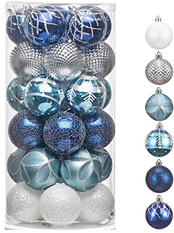 Valery Madelyn Weihnachtskugel, 30 Karat, 60 mm, silberfarben und blau, bruchsichere Weihnachtskugeln für Weihnachtsbaum-Dekoration
