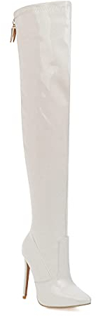 Brevetto Leather Fashion Pointed Toe Stiletto Lace-Up Zipper tacco alto con 12 cm Over-The Stivali invernali da donna taglia 35-46 T8-292, bianco, 45 EU