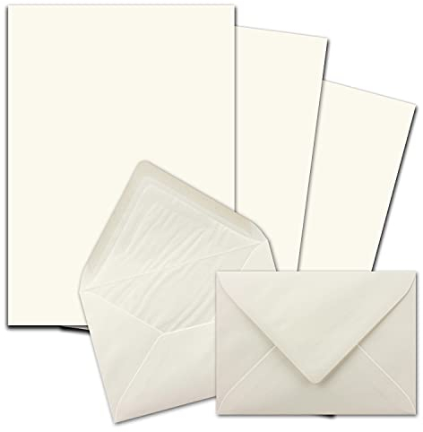 25x Briefpapier-Sets DIN A4 mit C6 gefütterten Briefumschlägen, Nassklebung - Naturweiß - mattes Schreibpapier und Kuverts mit weißem Seidenfutter