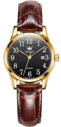 OLEVS Damen-Armbanduhr, analog, Quarz, kleine Zahlen, leicht ablesbares Zifferblatt, lässig, braunes Lederarmband