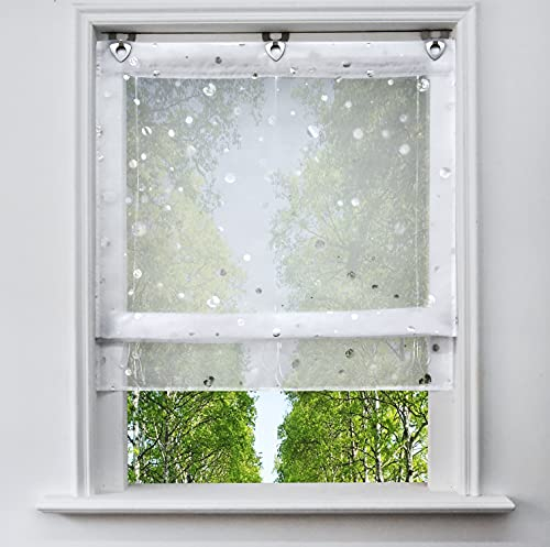 Voile Raffrollo mit Silber Heißprägen Design Raffgardine Transparent Ösenrollo Fenster Vorhang(BxH 80x130cm, Kreis)