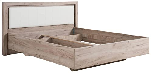 Homestyle4u 2183, Holzbett 160 x 200 Doppelbett Weiß Kunstleder Holz Eiche Massiv Bett 160x200 Schwebebett Modern