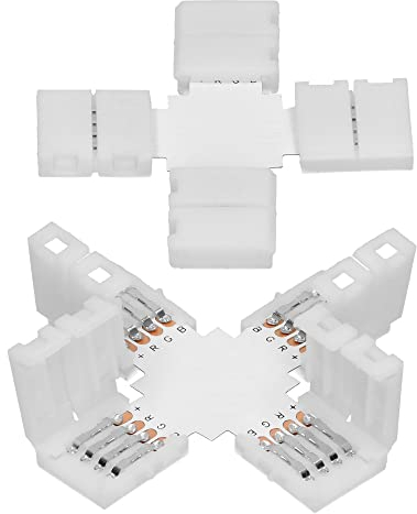 ECD Germany 2er Set LED Strip Leiste Verbinder X-Form Kreuz 4 polig 10mm RGB SMD 5050/3528 LED Strip Zubehör Lichterkette 4 Pin Adapter Stecker Connector 90grad Schnellverbinder Lötfreier Eckverbinder