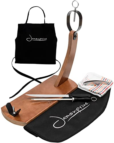 Professioneller Schinkenhalter (lackierter) + Messer + Wetzstahl + Schinkenabdeckung + Küchentuch + Schürze + Pinzette - Ideal für Serrano, Ibérico und Prosciutto Schinken - Jamonprive