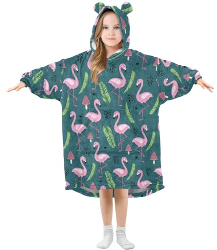 Übergroße Decke Hoodie für Kinder Erwachsene Mädchen Jungen, Fleece Hoodie Decke Schmetterling Super Warm Plüsch Tragbare Decke Hoodie Sweatshirt mit geräumiger Tasche, klein, Flamingo 187, L