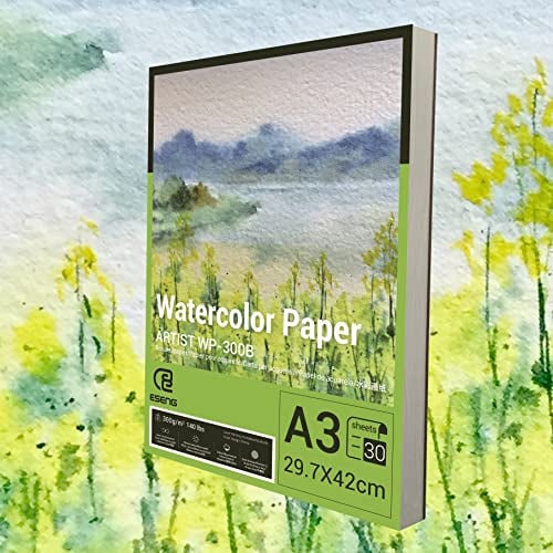 ESENG® Papier aquarelle de qualité supérieure format A3 100 % coton - 300 g/m² - Blanc - Bloc de papier pour aquarelle, dessin, peinture