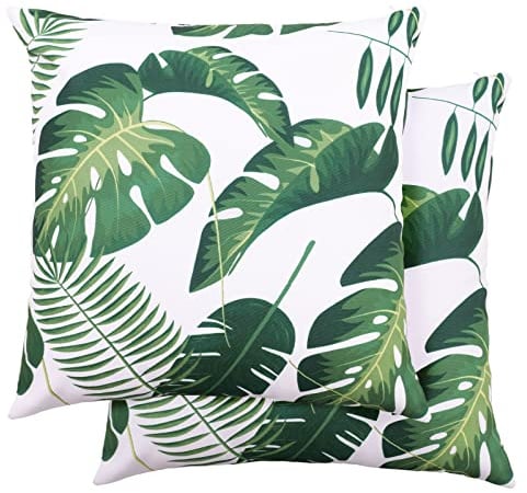 Eternal Beauty Outdoor Cushion Covers Polyester 2PCS 18x18, Waterproof Square Throw Pillow Case for Garden Furniture Sofa with Invisible Zipper, Green Palm Leaf (45cmx45cm)