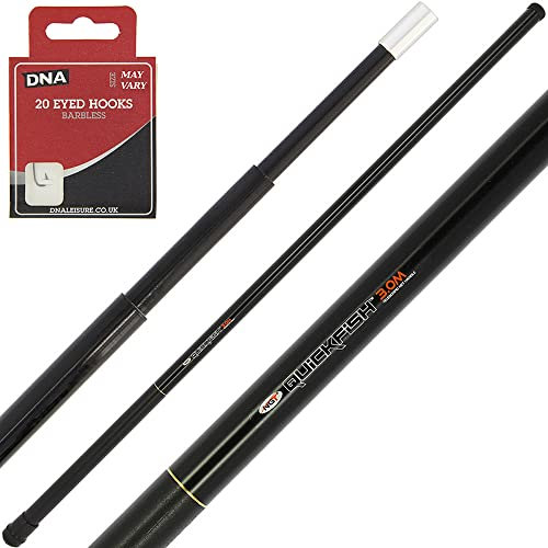 DNA NGT 3m 10FT Telescopic 3 Section Fiberglass Carp Coarse Fishing Landing Net Handle + 20 Eyed Hooks