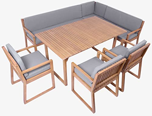 vanvilla Gartenmöbel Set Holz Sitzgruppe Gartenmöbelset Garnitur Terrasse Möbel Sitzgarnitur 1 Tisch 1 Eckbank 3 Sessel Auflage HELLGRAU