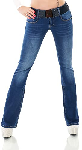 Zeralda Fashion Damen Jeans Hose Bootcut Schlag Denim Stretch Gürtel Blue Washed Zip XS S M L XL