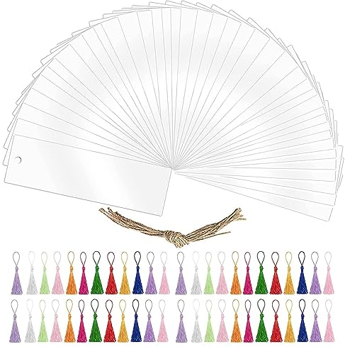 30 Stück Rechteckige Acryl Lesezeichen, BetterJonny Blanko Acryl Lesezeichen Rohling mit 36 Bunten Quaste Leere Craft Lesezeichen Transparente Lesezeichen für DIY Basteln Notizbuch, 12 * 3.2cm