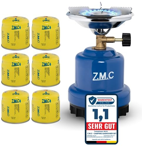 Z.M.C Campingkocher 1 flammig 1100 W + 6x Gaskartuschen 190 g, Gaskocher für Camping 13x20 cm, Kohlenanzünder, Mini Camping Gas Kocher, Anzünder für Camping, Festivals oder Wanderungen