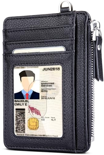Teskyer Men Card Holder Wallet, Slim Credit Card Wallets, Minimalist, RFID Blocking, 1 ID Window, with Zipper, Holds up to 8 Cards, Black
