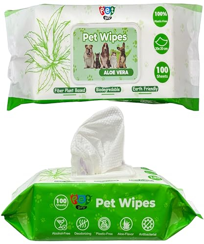 Pet Guru® Dogs & Cats 100% Plastic Free Biodegradable Antibectrial Deodorizing Multi-Purpose Cleaning Thick Pet Wipes Fiber Plant Based Alcohal Free Pet Wipes (100 Wipes, Unscented)