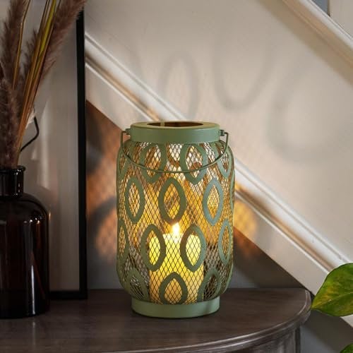Festive Lights 26cm Matte Metal Battery Powered Flickering Flamess LED Candle Indoor Lantern Living Room Home Decoration (Candle Lantern, Sage)