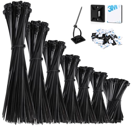 VFANDV Kabelbinder, 1000 Stück Kabelbinder Schwarz Set, 100/150/200/250/300 mm Halter für Kabelbinder in schwarz, Selbsthemmend Kabelbinder für Kabelmanagement, Gartenarbeit (Black 1050p)