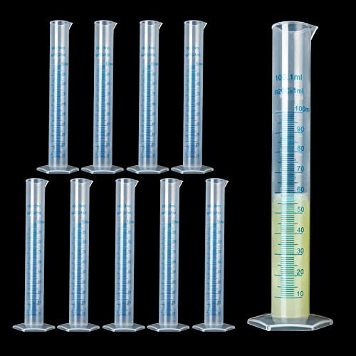 10Pack 100ml Plastic Graduated Cylinder, Transparent Measuring Cylinder Lab Test Tube Flask, 2 Sided Measuring Lines Graduated Cylinder Beaker for Science Lab Project, Pour Spout & Hexagonal Base
